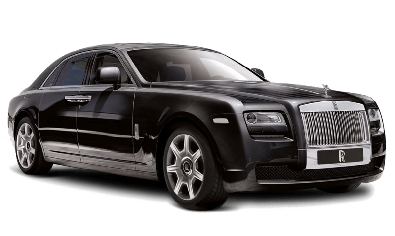 A sleek Rolls-Royce Ghost luxury sedan parked elegantly, showcasing its distinctive design and opulent features. png