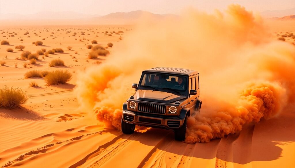 A jeep driving through the Dubai desert, kicking up dust during an adventurous safari with a driver.