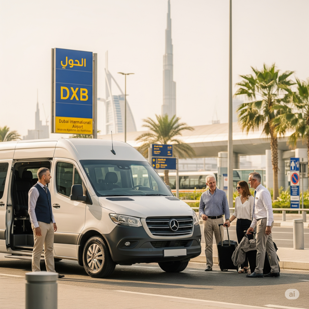 Luxury van rental at Dubai Airport with chauffeur assisting passengers; ideal for premium bus rental Fujairah to Dubai transfers.