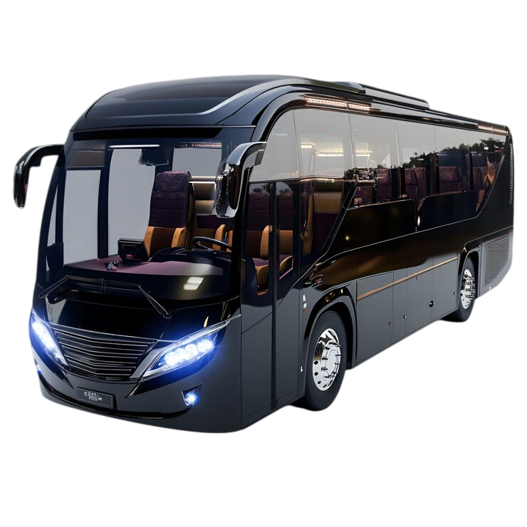 A black coach bus isolated on a transparent background, viewed from the front side angle. This modern vehicle represents luxury bus rental in Sharjah, ideal for group travel and private tours.