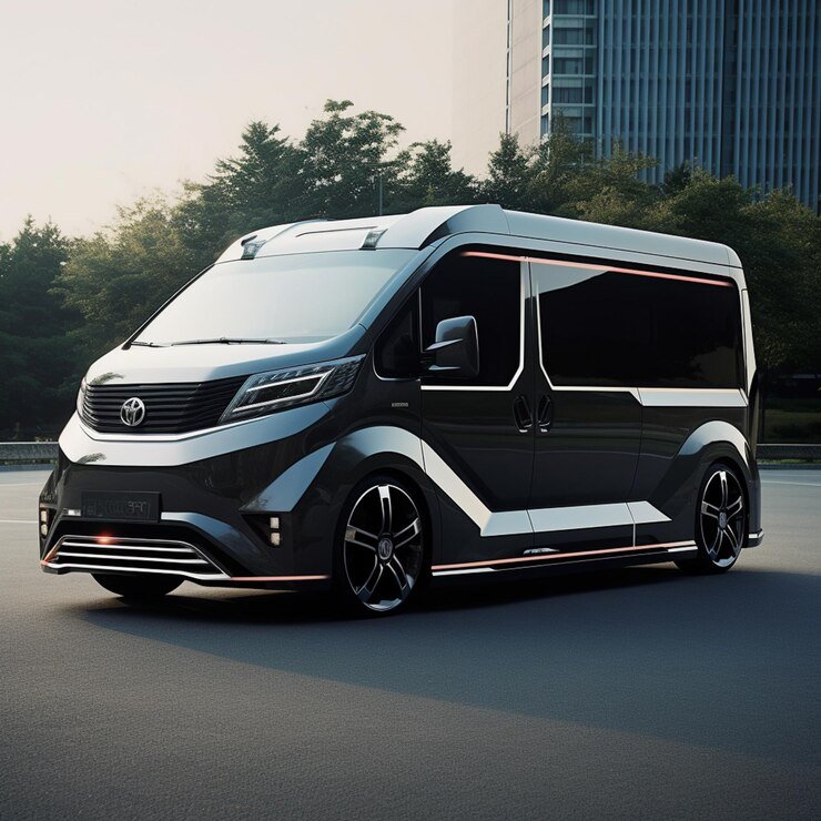 A new Toyota van parked on the street, showcasing its sleek design, available for rental in Dubai.