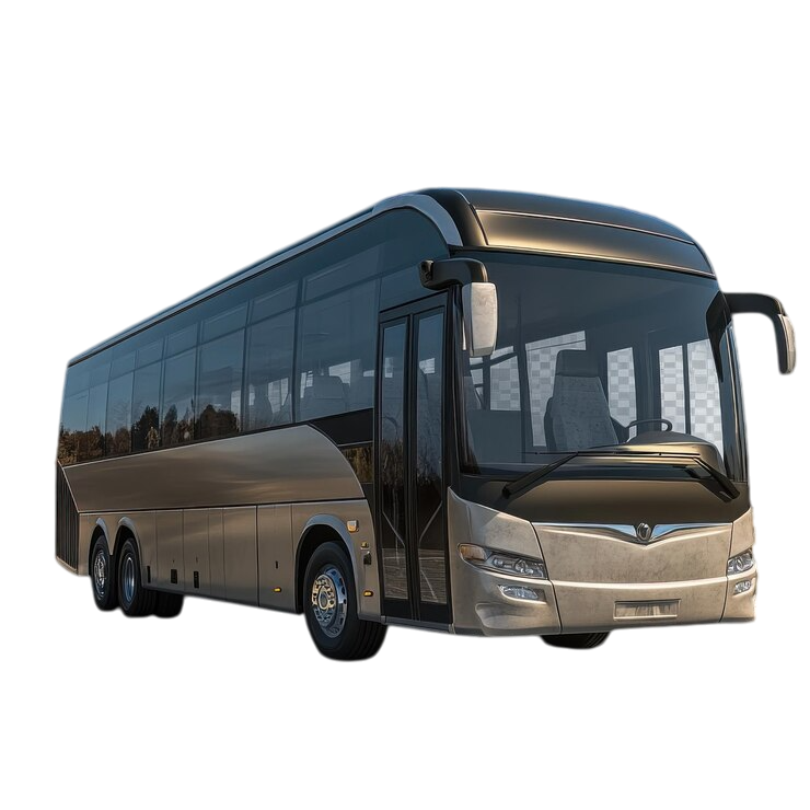 Modern charter bus parked at a scenic overlook in Fujairah, with sunlight casting warm tones on the sleek white exterior—ideal for group travel and bus rental in Fujairah.