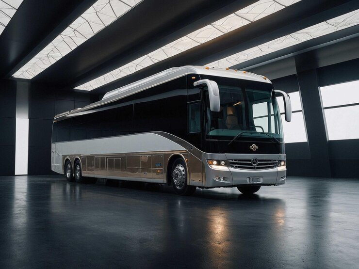 White tour bus parked near a palm-lined street, ready for passengers. Ideal for bus rental in Sharjah, offering spacious and comfortable group travel options.