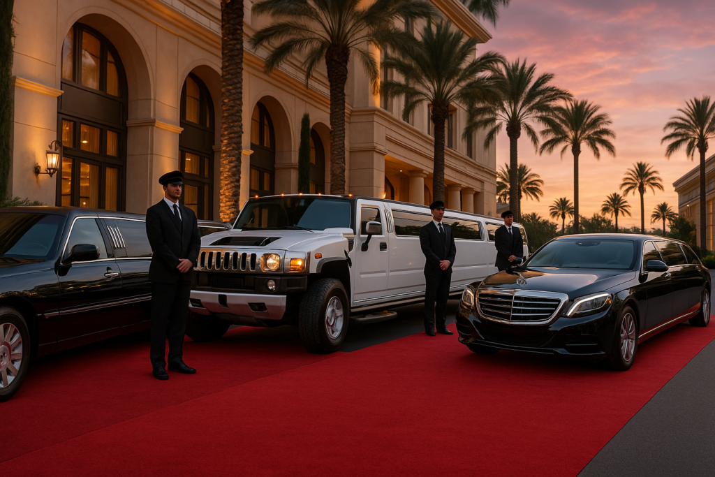 Luxury limousine fleet with chauffeurs on red carpet, showcasing premium limousine service Ajman at sunset.