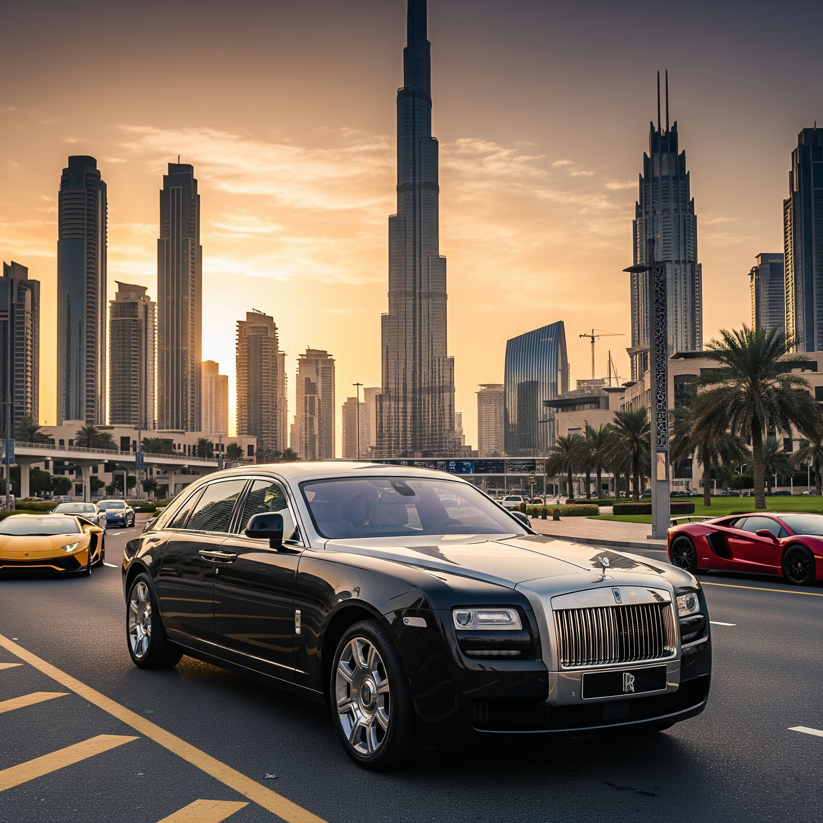 rolls royce ghost car stand at road for rent