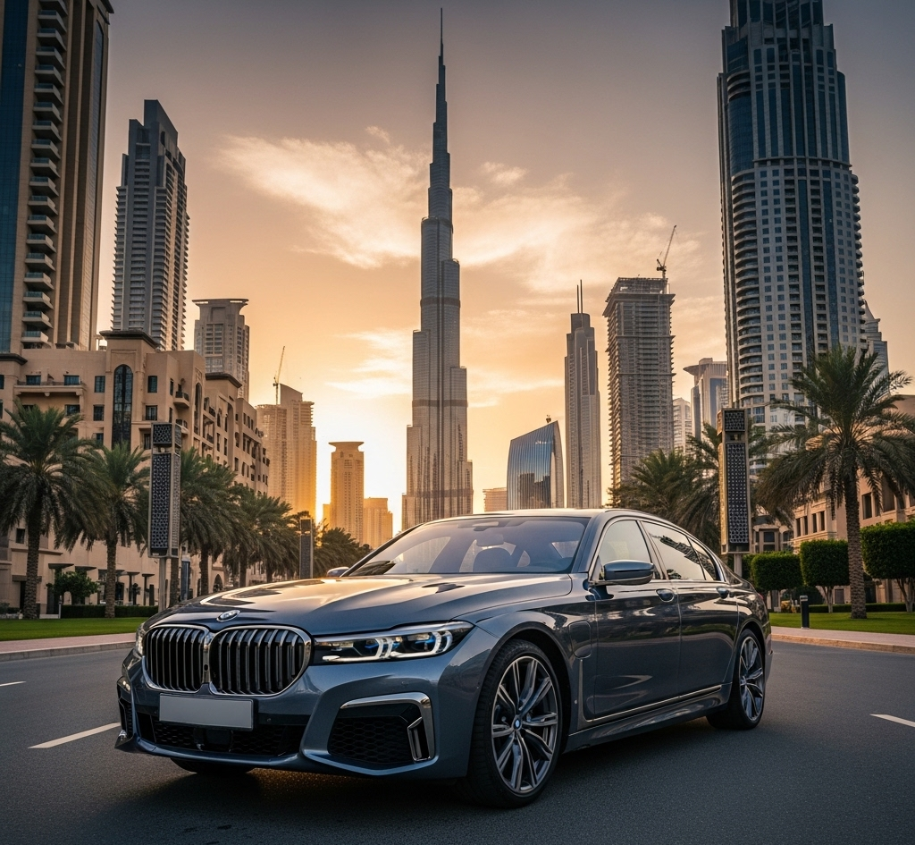 BMW 730Li parked in a modern Dubai setting, showcasing luxury and elegance against the city's skyline.