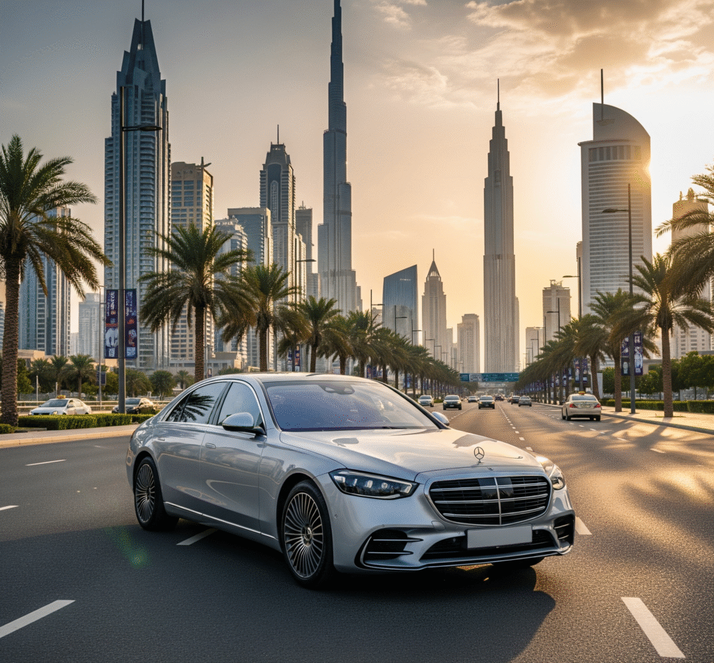 Silver Mercedes Benz S500 in Dubai with Burj Khalifa skyline at sunset, ideal for 2025 chauffeur car hire.