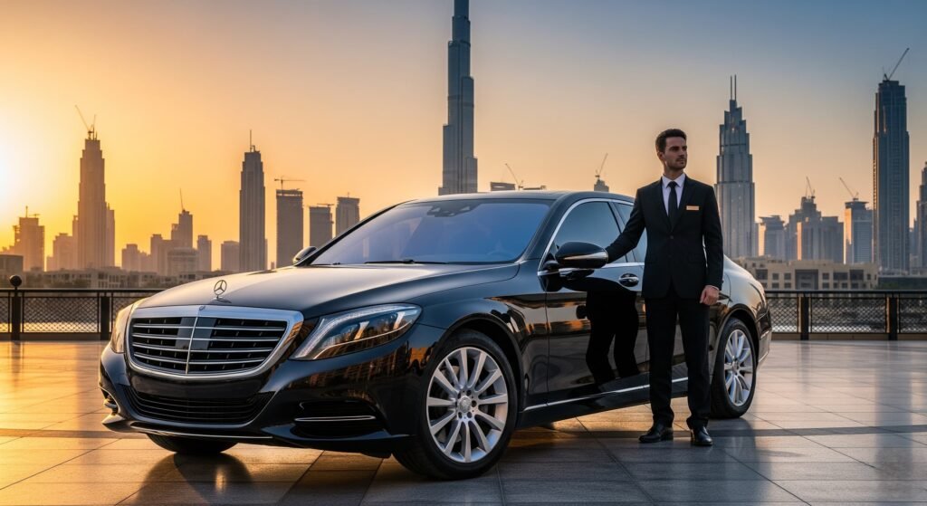 Luxurious Mercedes-Benz S Class limousine displayed in dubai representing high end car rental services in dubai