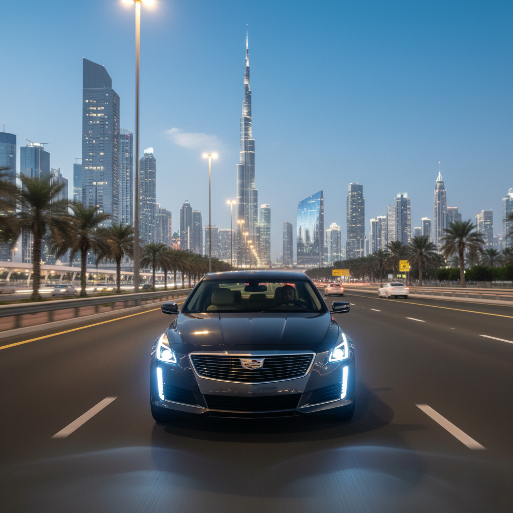 Cadillac CTS 2025 chauffeur car hire Dubai, luxury black sedan driving on a modern Dubai highway with the Burj Khalifa and city skyline in the background, showcasing premium chauffeur-driven transportation.