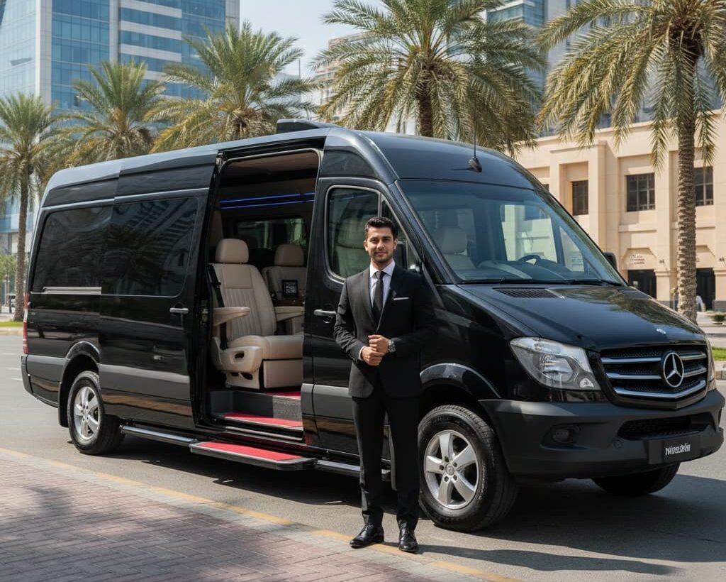 A professional chauffeur in a black suit standing by an open door of a sleek black Mercedes-Benz luxury van in Sharjah, UAE, with a modern cityscape and palm trees in the background.