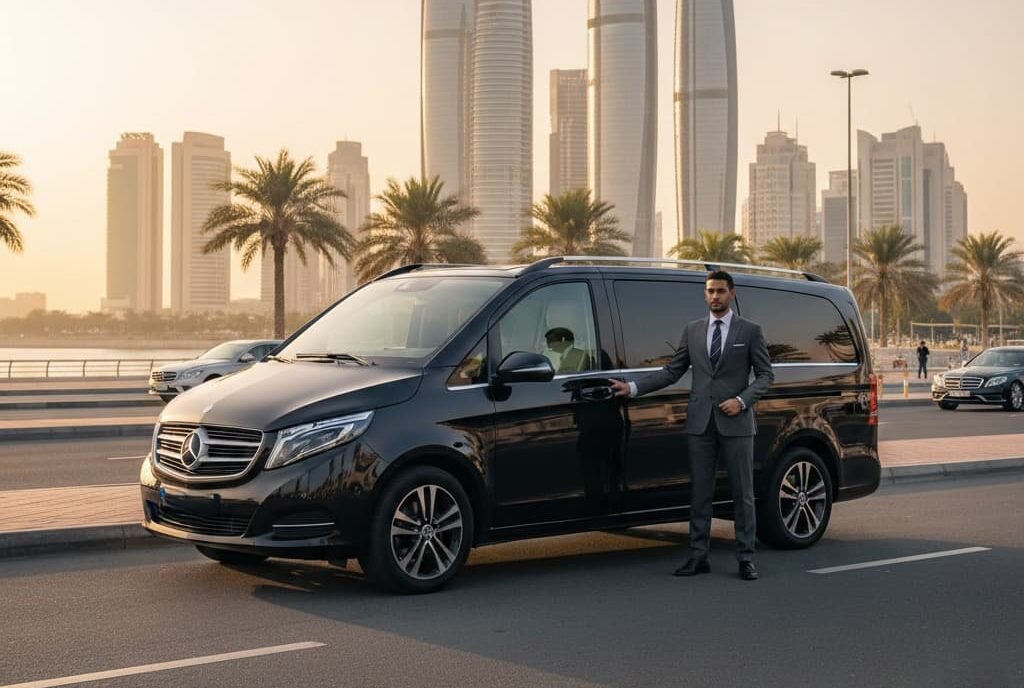 A professional chauffeur in a grey suit standing beside a luxury black Mercedes-Benz V-Class van on the Abu Dhabi Corniche, featuring the Etihad Towers at golden hour.
